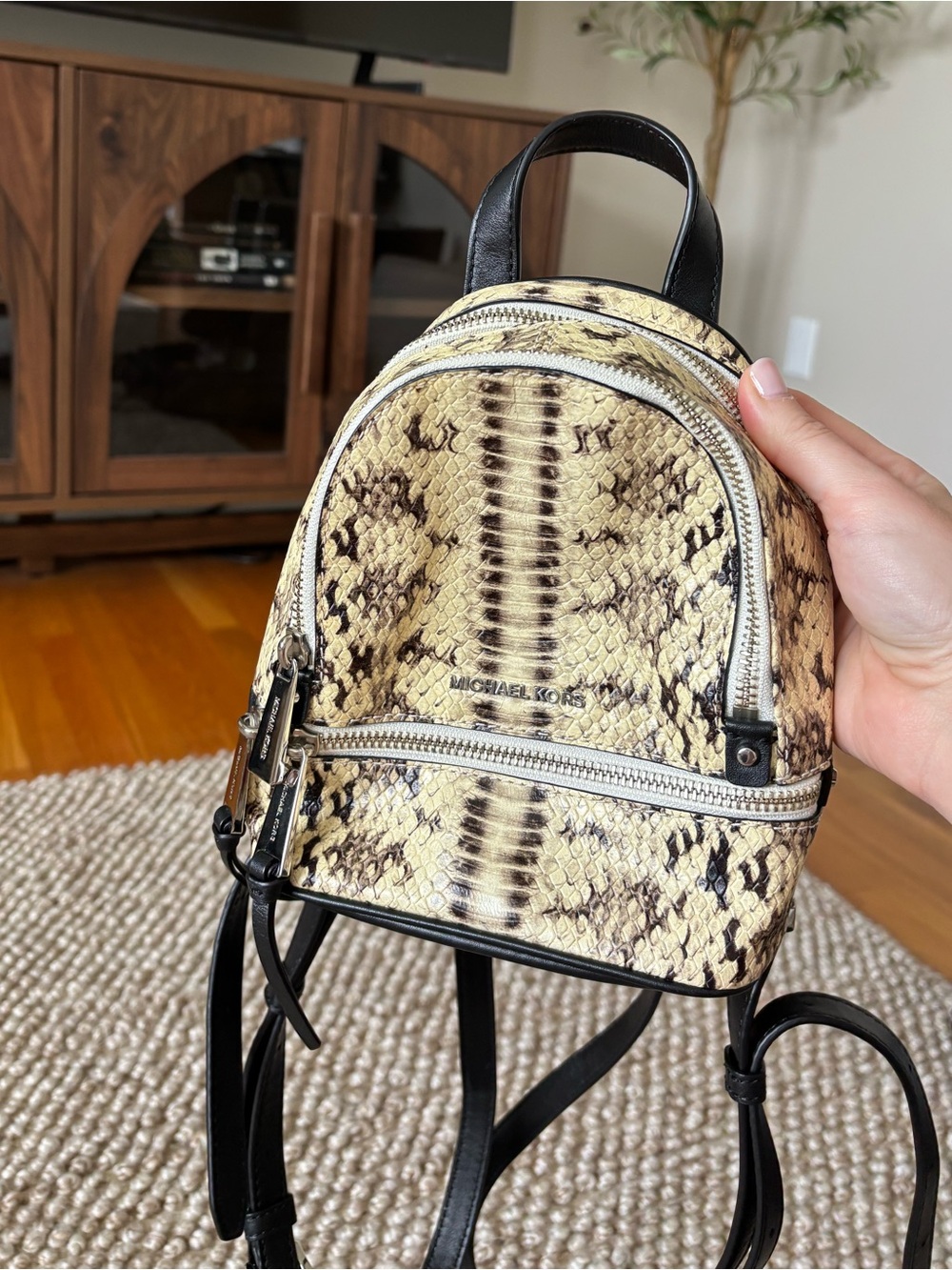Michael Kors Mini Backpack in Beige Snake Print with Black Trim